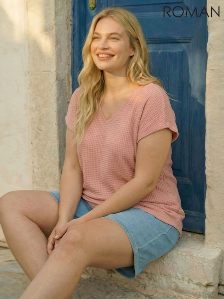 Pink - Roman Curve Textured V-neck Tunic Top