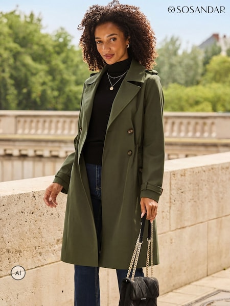 Green - Sosandar Cinched Waist Trench Coat