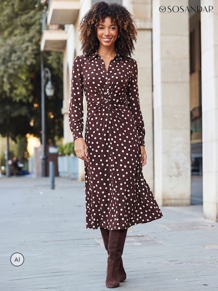 Brown - Sosandar Polka Dot Print Twist Front Shirt Dress