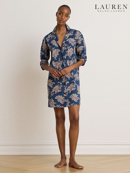 Blue - Lauren Ralph Lauren Cotton Long Sleeve Nightshirt