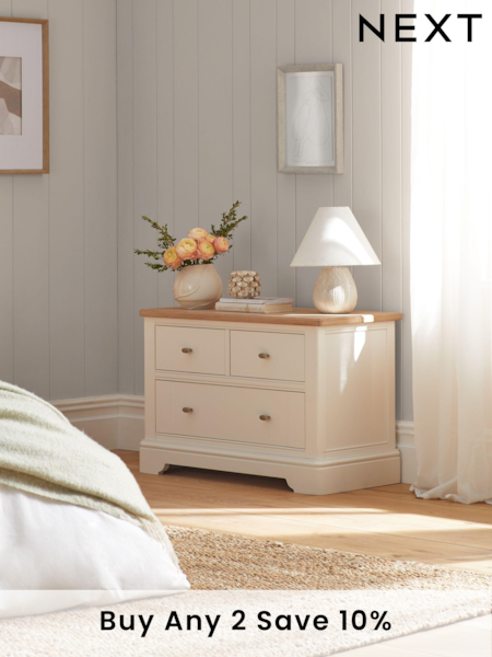 Chalk White Hampton Country Collection Luxe Painted Oak 3 Drawer Wide Bedside Table (914756) | £499