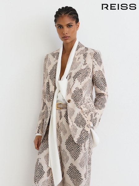 Ivory/Grey - Reiss Elyna Snake-print Single-breasted Blazer
