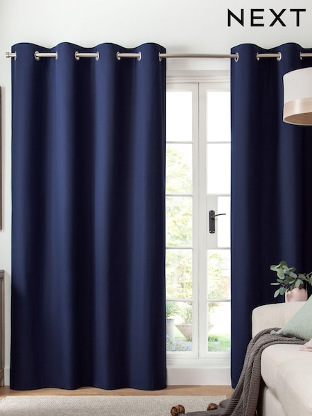 Blue Navy Lined Cotton Eyelet Curtains (916220) | £20 - £90