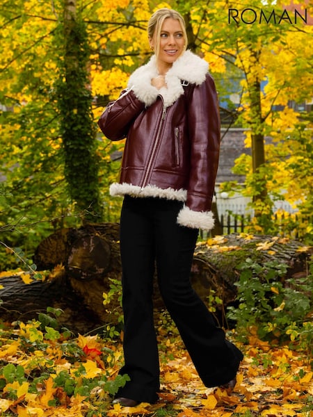 Red - Roman Contrast Leather Aviator Coat