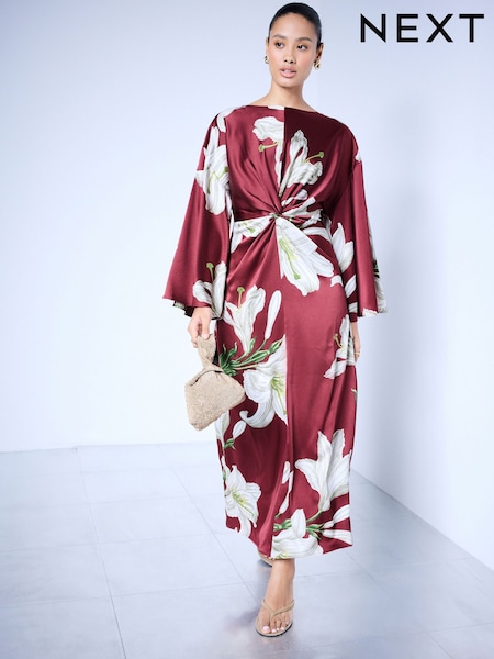 Kew Collection Burgundy Red Floral Print - Twist Front Long Sleeve Satin Maxi Dress