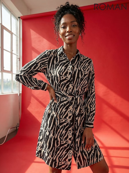 Black - Roman Animal Print Tie Waist Shirt Dress