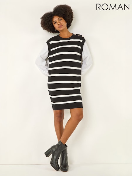 Black - Roman Striped Shirt Knit Dress