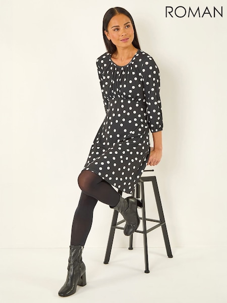 Black - Roman Petite Polka Dot Gathered Stretch Dress