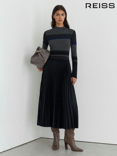 Grey - Reiss Carla Striped Knit Mix Pleated Midi Dress