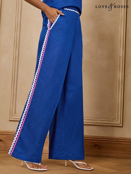 Cobalt Blue - Love & Roses Viscose/linen Blend Ric Rac Detailed Trousers