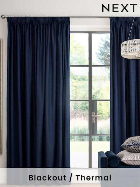 Blue Navy Cotton Blackout/Thermal Pencil Pleat Curtains (919896) | £40 - £105