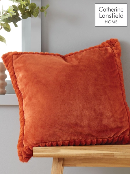 Catherine Lansfield Orange Velvet and Faux Fur Soft and Cosy Cushion (920939) | £16