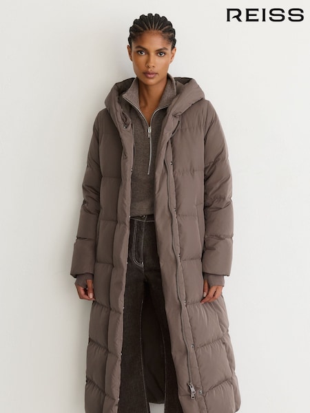 Taupe Neutral - Reiss Larissa Belted Longline Hooded Puffer Coat