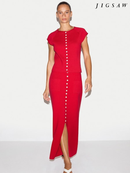 Red - Jigsaw Cotton Button Skirt