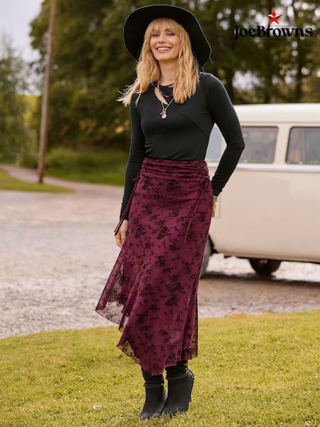 Red - Joe Browns Floral Flocked Asymmetric Skirt With Lace Up Detail