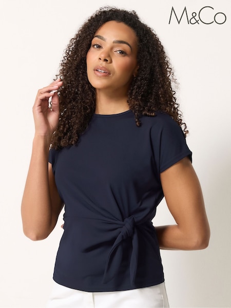 Blue - M&co Short Sleeve Tie Waist Top