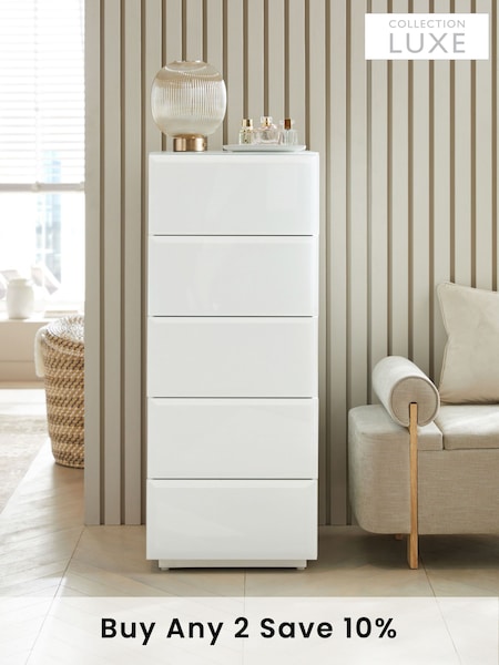 White Sloane Glass 5 Drawer Tall Collection Luxe Chest of Drawers (927378) | £625