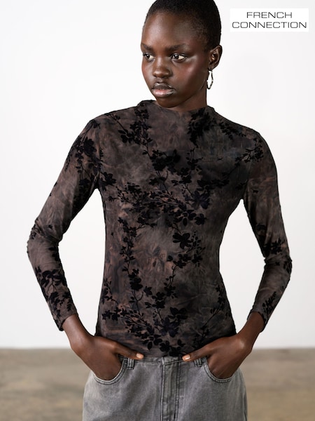 Black - French Connection Kenny Mesh Velvet Burnout Top