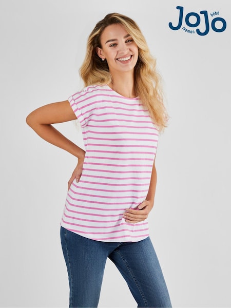 JoJo Maman Bébé White Pink Stripe Boyfriend Cotton Maternity T-Shirt (928887) | £19