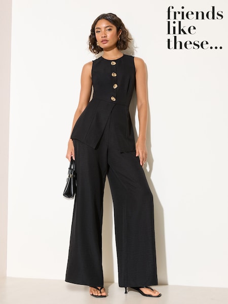 Black - Friends Like These Button Detail Peplum Hem Waistcoat Jumpsuit
