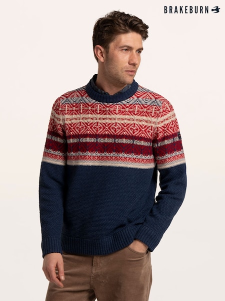 Blue - Regular Brakeburn Clapham Fairisle Crew Neck Knitted Jumper