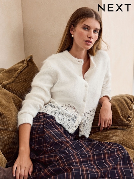 Ecru White - Lace Trim Long Sleeve Knit Cardigan