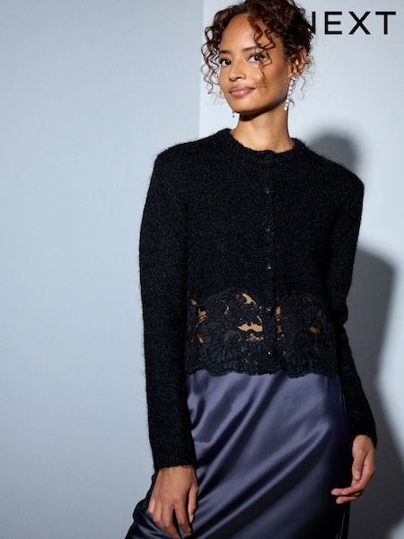 Black - Lace Trim Long Sleeve Knit Cardigan