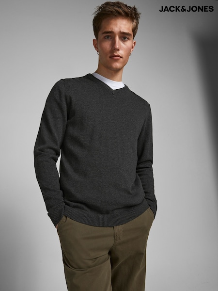 JACK & JONES Grey 100% Cotton V-Neck Knitted Jumper (931640) | £28