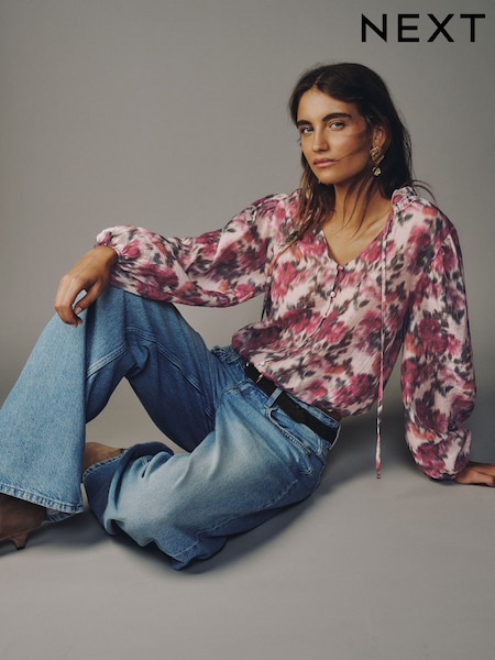 Pink Blurred Floral Print - Bubblehem Long Sleeve Blouse