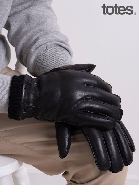 Totes Black Isotoner Mens Premium Leather Gloves With Rib Knit Cuff & Sheepskin Lining (933369) | £40
