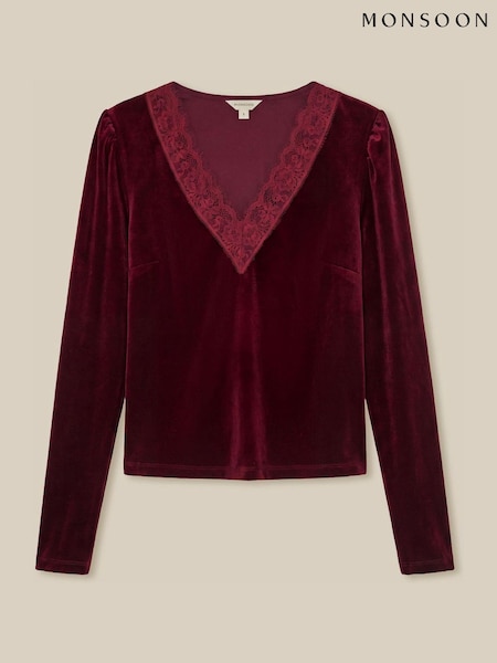 Red - Monsoon Lexi Lace Trim Velvet Top