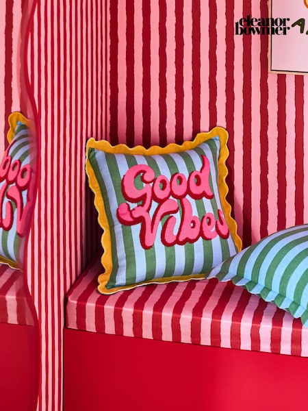 Eleanor Bowmer Blue/Green 100% Cotton Striped Good Vibes Scallop Edge Cushion (934013) | £28