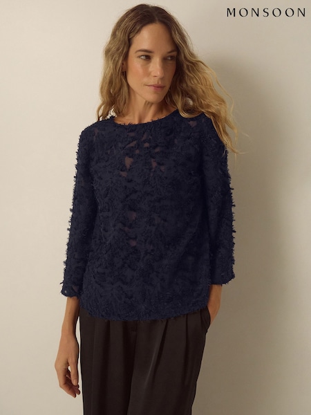 Blue - Monsoon Chrissy Bell Sleeve Appliqué Top