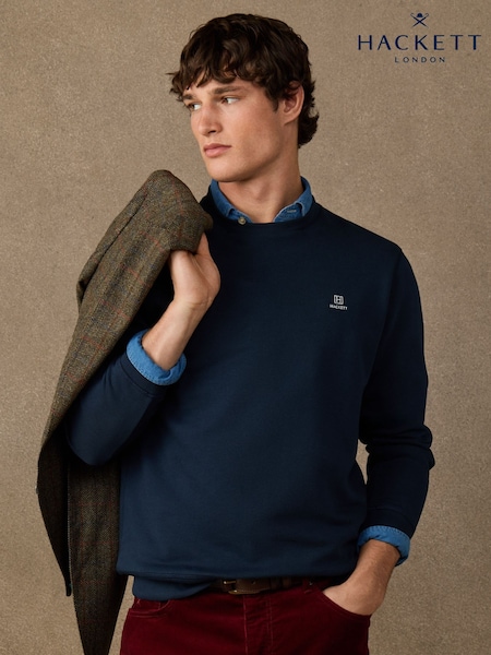 Blue - Regular Hackett Branded Cotton Crew Neck Sweat Top