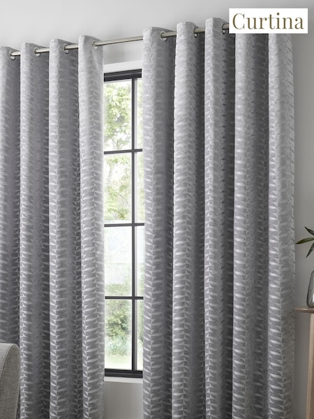 Curtina Grey 100% Cotton Kendal Velvet Geo Lined Eyelet Curtains (934591) | £65 - £110