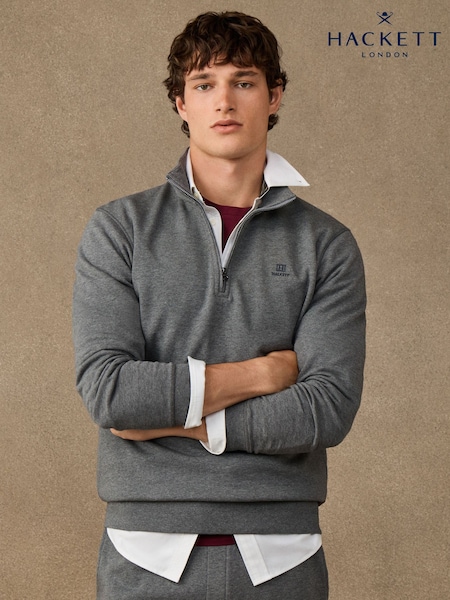 Grey - Regular Hackett Branded Cotton Quarter Zip Sweat Top