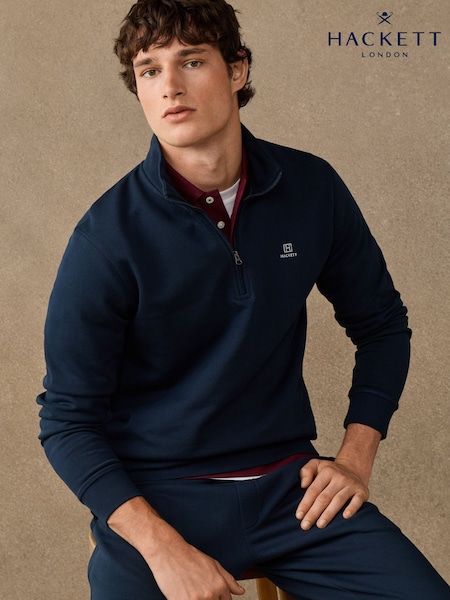 Blue - Regular Hackett Branded Cotton Quarter Zip Sweat Top