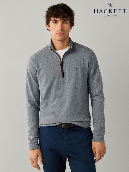 Grey - Regular Hackett Herringbone Quarter Zip Sweat Top