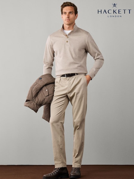 Brown - Regular Hackett Travel Twill Cotton Half Button Sweat Top