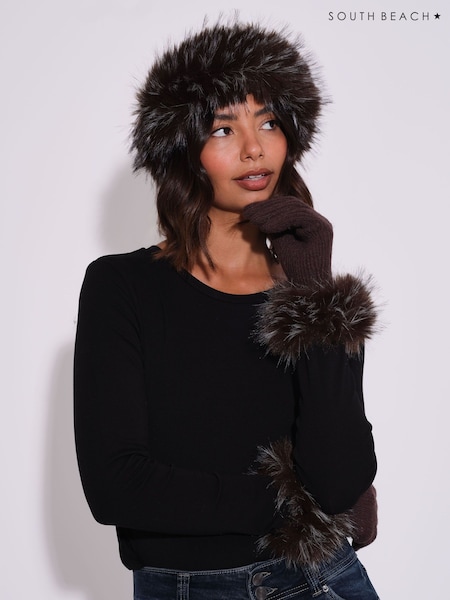 Brown - South Beach Faux Fur Hat And Gloves Set
