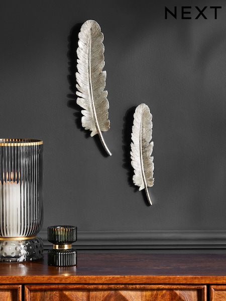 Set of 2 Silver Feather Wall Art (937323) | £15