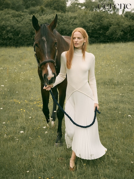 Cream - Cerene Long Sleeve Knit Bodice Pleated Skirt Dress