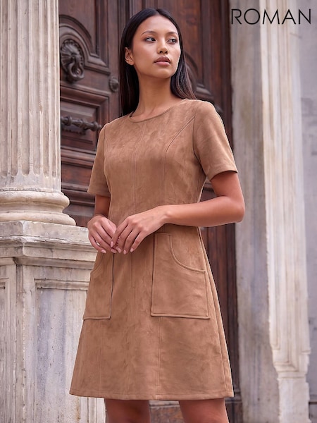 Brown - Roman Petite Faux Suede Stitched Dress