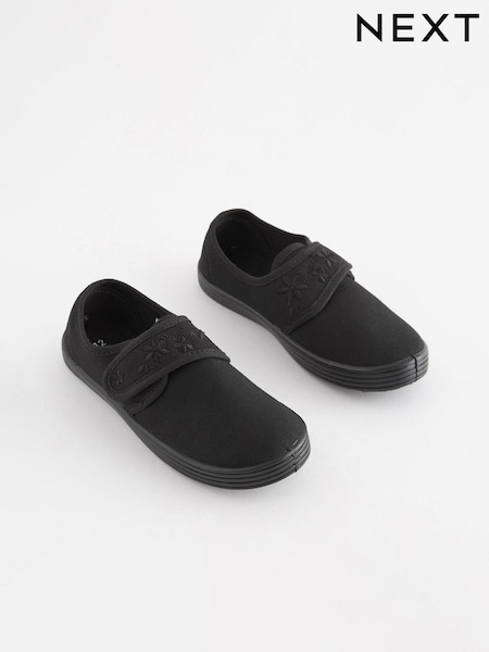 Black Standard Fit (F) Embroidered Strap School Plimsolls (943703) | £6 - £8