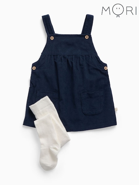 Blue - Mori Navy Soft Corduroy Pinafore Dress & Tights Set