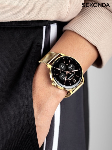 Gold Tone - Sekonda Flex Plus 42mm Unisex Round Gold Smartwatch With Gold Mesh Strap