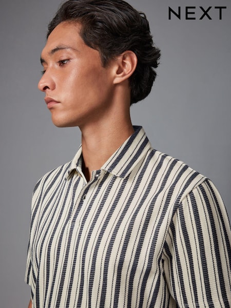 Navy/Ecru Vertical Stripe 100% Cotton Polo Shirt (946528) | £12