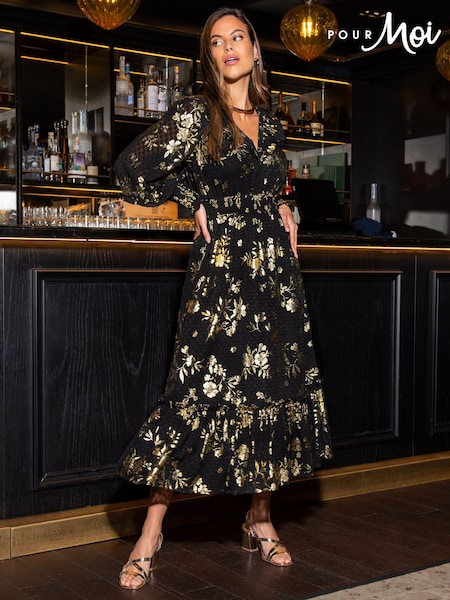 Pour Moi Black Michaela Jacquard Chiffon Frill Midaxi Dress (946813) | £79