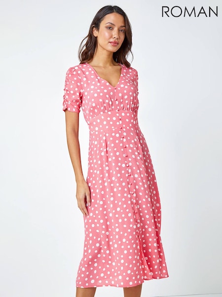 Roman Pink Polka Dot Ruched Sleeve Midi Dress (948003) | £45