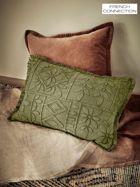French Connection Olive Green Elmwood Distressed Tufted Cushion (949995) | £28